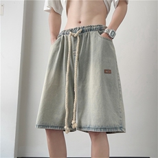 裤子2023新款夏装休闲短裤男港风休闲裤宽松直筒N01635-P38，男装牛仔裤，星座308B-1