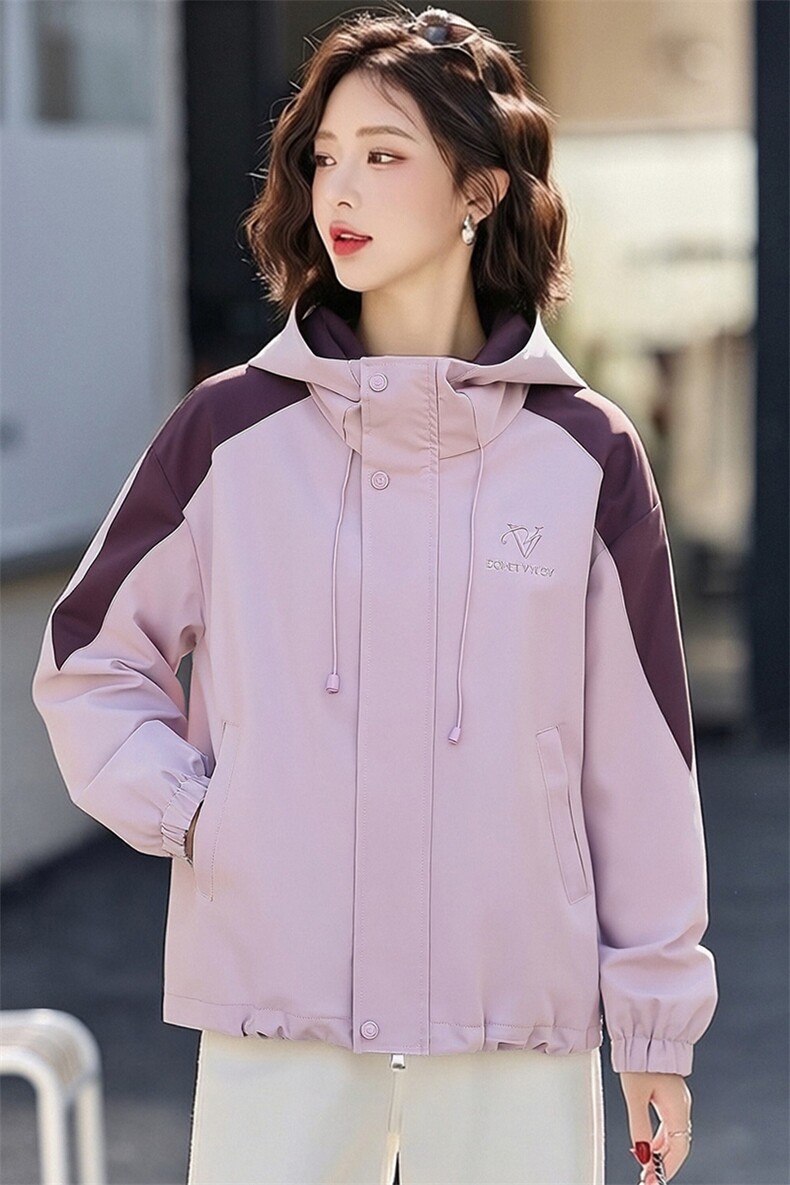 （现货）连帽拼接撞色外套女休闲时尚小个子百搭风衣,女装短外套,韩蔻秀