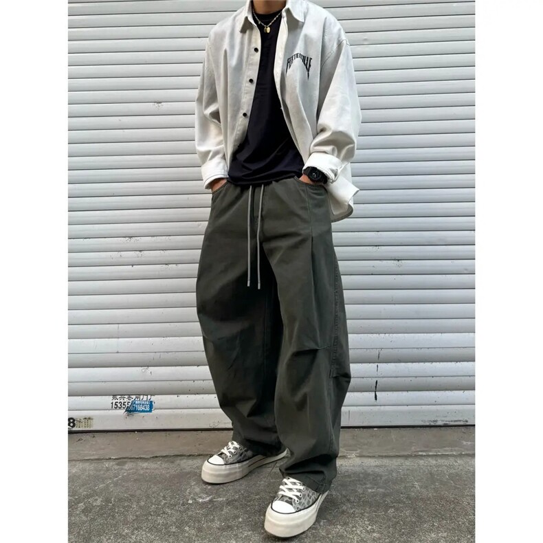 军绿色阔腿工装裤男款秋季垂感美式宽松哈伦裤纯棉休闲牛仔弯刀裤,男装休闲裤,星座506A