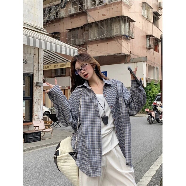 格子衬衫女慵懒风2025春夏韩系宽松休闲衬衣复古长袖防晒上衣外套,男装防晒衣,星座506A