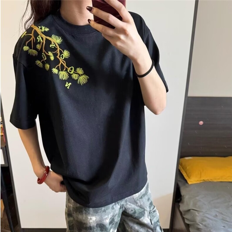 罗汉松刺绣短袖t恤男2025新款夏季美式小领口五分袖cleanfit半袖,男装T恤,星座506A