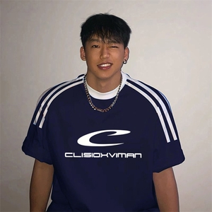 夏季美式高街重磅纯棉三条杠织带撞色男女短袖T恤ZD323-特P30图片
