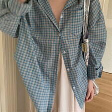 气质蓝色格纹中长款衬衫女装2026新款春夏设计感chic休闲宽松外套，男装衬衫，星座506A