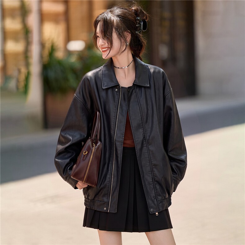 美式复古棕色PU皮衣外套女短款宽松小个子春秋新款小西服外套2652,女装皮衣,潮流依族