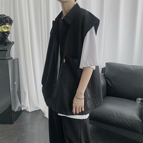 无袖衬衫男宽松港风日系ins夏季薄款外穿衬衣韩版潮流百搭C07-P28,男装衬衫,星座1008-1