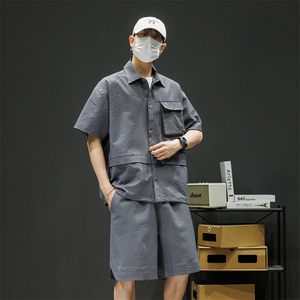 短袖衬衫男新款夏季薄款透气搭配一套短裤宽松翻领衬衣TZ073-P80图片