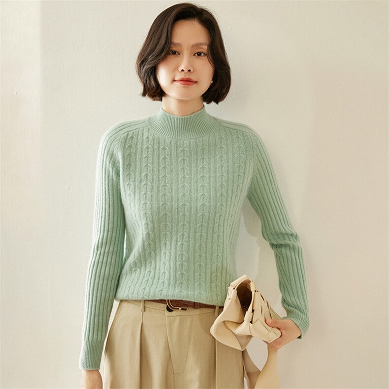 秋冬季扭花羊绒衫女山羊绒半高领加厚毛衣宽松针织打底衫保暖上衣，女装羊绒衫，纳丰羊绒