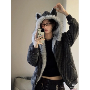 【有货】D6135-批138美式猫耳朵条纹毛领座山雕棉衣男新款冬棉服图片
