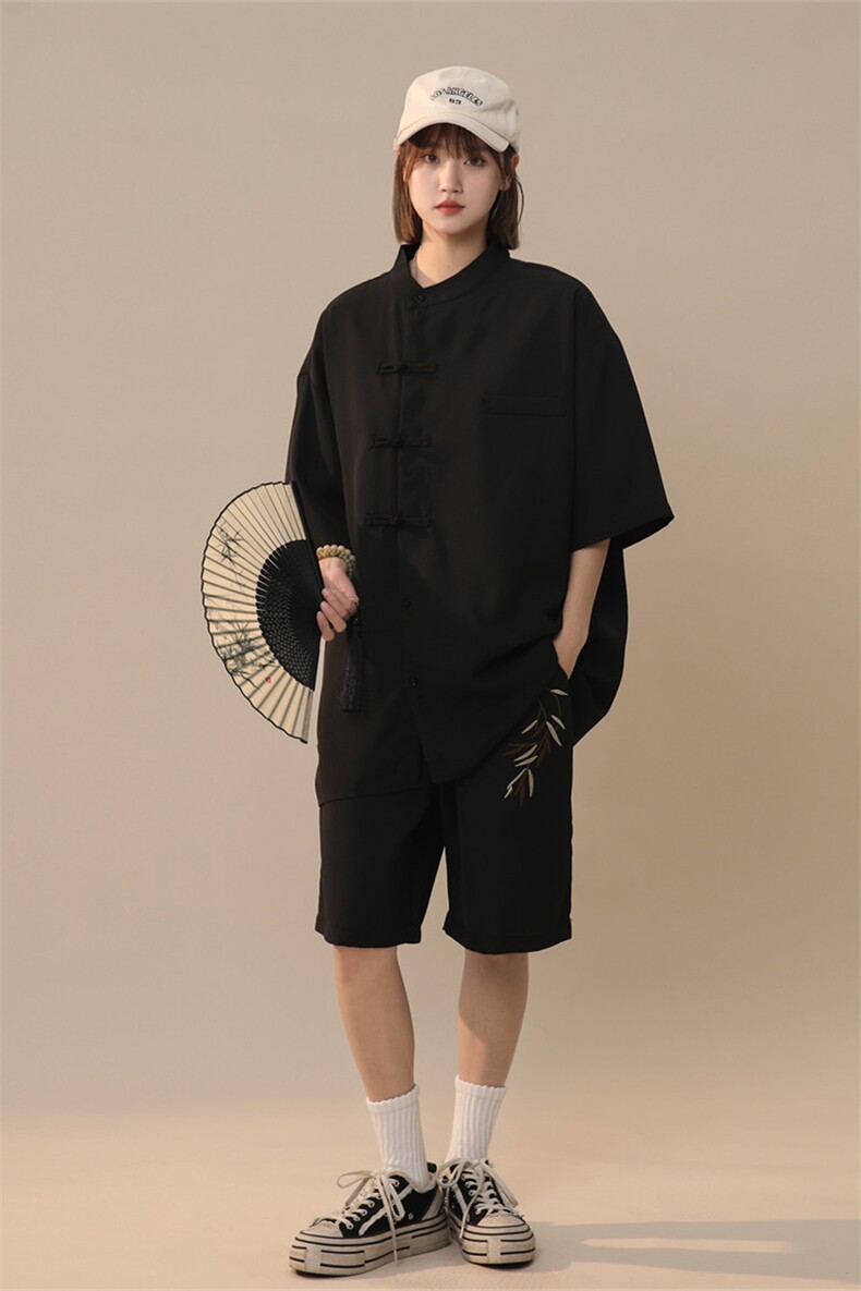 TZ96871/P60夏季新款立领盘扣刺绣新中式风衬衣短裤套装男两件套,女装套装/套裙,电商A141