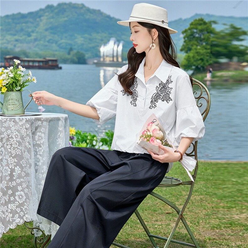 2026年夏季刺绣小衫两件套衬衫裤子套装女,女装套装/套裙,依路服饰