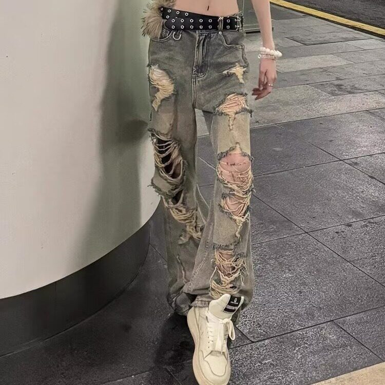 新款美式复古夏季辣妹个性痞帅酷破洞牛仔裤直筒宽松拖地裤图片