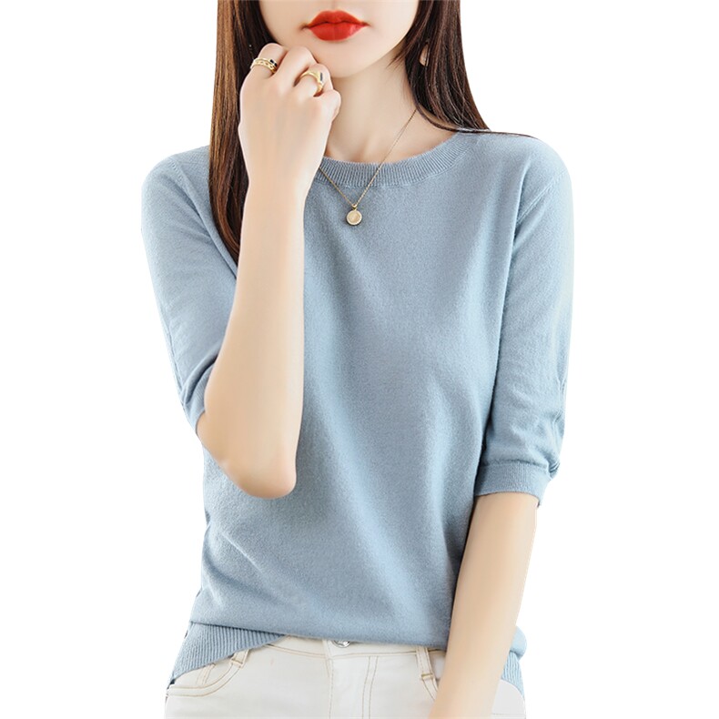 羊绒衫女V领秋季新款纯色短款毛衣短袖内搭大码羊毛衫针织打底衫,女装羊毛衫,朝思羊绒