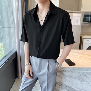 港风夏款男冰丝短袖衬衫暗按扣透气衬衣CS9 P33图片