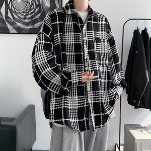 秋冬新款 港风复古小香风夹克外套格子长袖衬衫潮流情侣 H218/P55图片