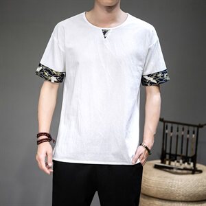 2021风男夏季棉麻短袖T恤宽松大码复古上衣QT6005-T图片