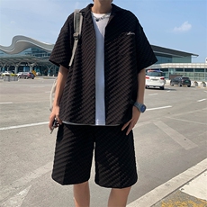 夏季新款短袖衬衫短裤男格子衬衫短裤休闲运动套装男W3337-P53，男装衬衫，星座512-2