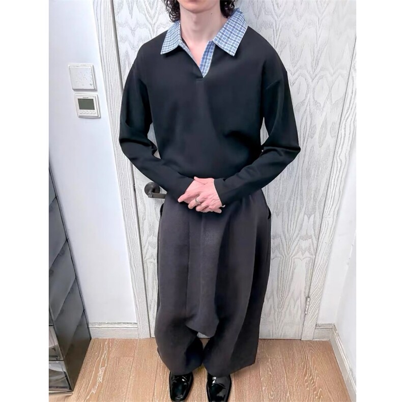 现货蓝色格子拼接翻领T恤长袖上衣情侣款男女CX02-TP35,男装T恤,星座910A