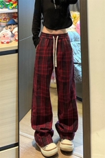 红色格子裤子男秋季潮流日杂风垂感拖地裤潮牌大码直筒宽松休闲裤，男装休闲裤，电商A001