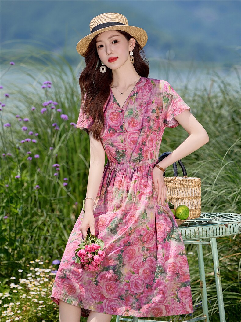 新中式盘扣印花棉麻连衣裙女2026夏新款气质收腰显瘦独特漂亮裙子,女装连衣裙,倪叶myz