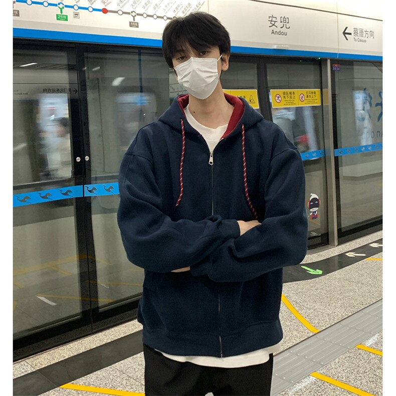 抖音得物二开美式高街重磅结构双层撞色连帽卫衣开衫外套W116，女装短外套，电商A486-1