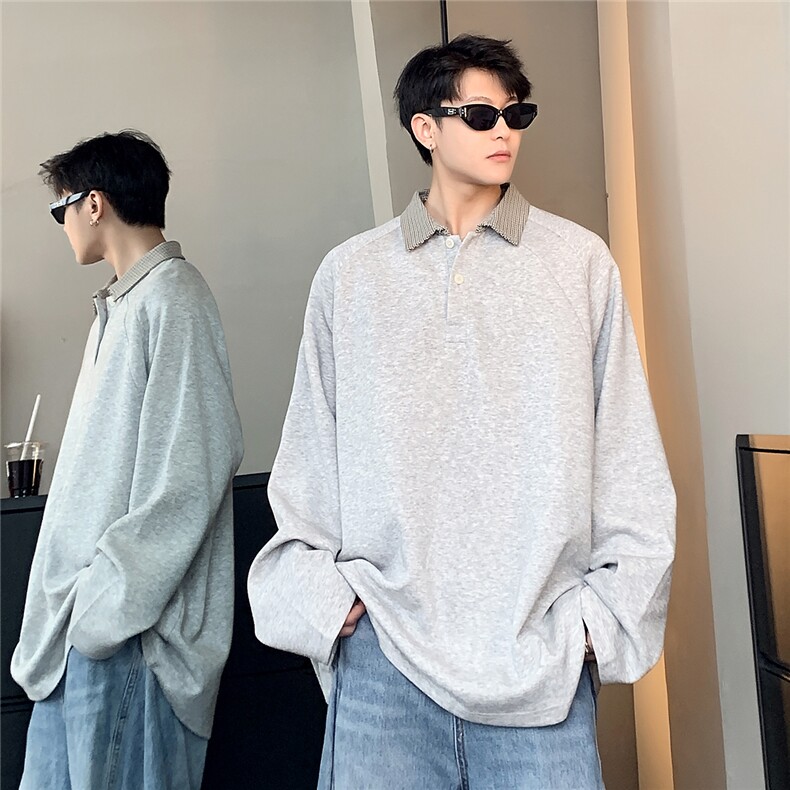 千鸟格拼接POLO衫男秋季翻领长袖T恤美式内搭打底衫W101-P48,男装Polo衫,电商C307