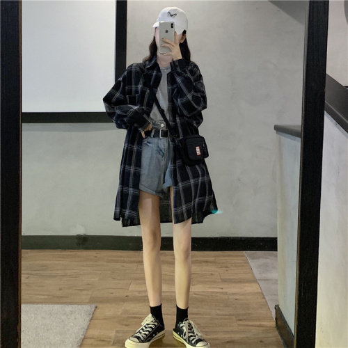 2021韩版修身秋装中长款BF风格子衬衫女开衫外套潮，女装衬衫，潮品会