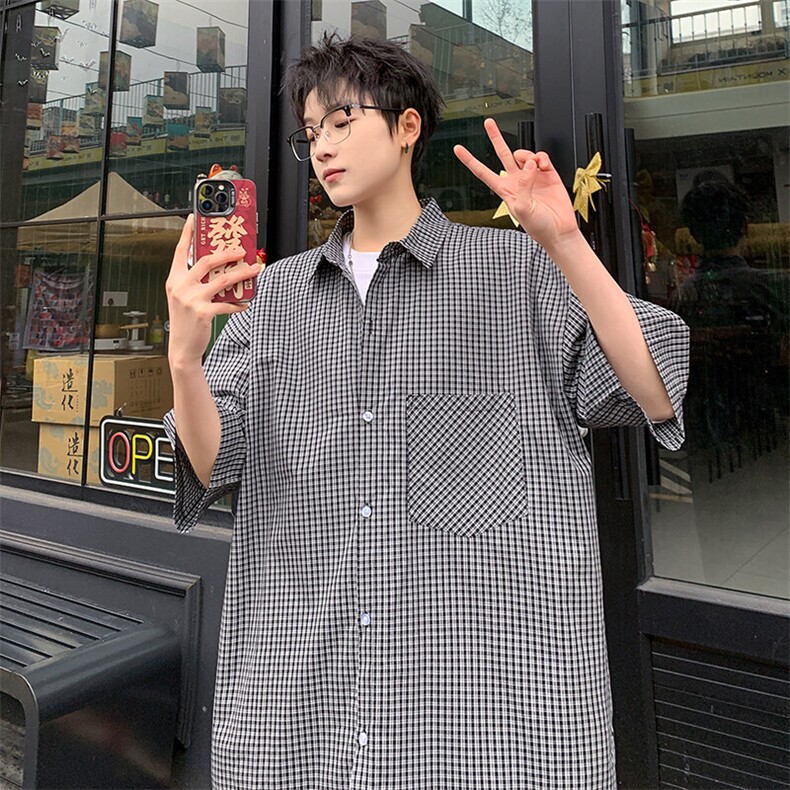 格子短袖衬衫男夏季新款港风宽松纯棉衬衣DX101-P35，男装衬衫，星座214-3