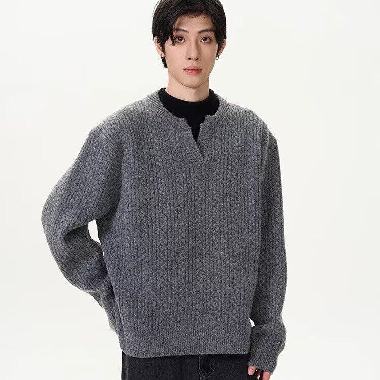 A317-P45美式v领cleanfit毛衣男秋冬高级感简约休闲慵懒麻花纹针,男装针织衫/毛衣,电商B323A