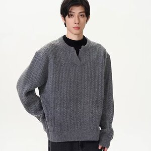 A317-P45 美式v领cleanfit毛衣男秋冬高级感简约休闲慵懒麻花纹针图片