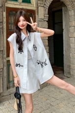 设计感刺绣印花衬衫高腰短裤套装女2025夏新款爆款流行休闲两件套，女装套装/套裙，2C133