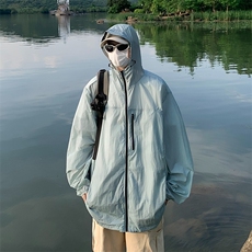 纯色拼接连帽防晒衣男宽松百搭情侣冰丝皱防晒服HY155P42，男装防晒衣，星座1116-2