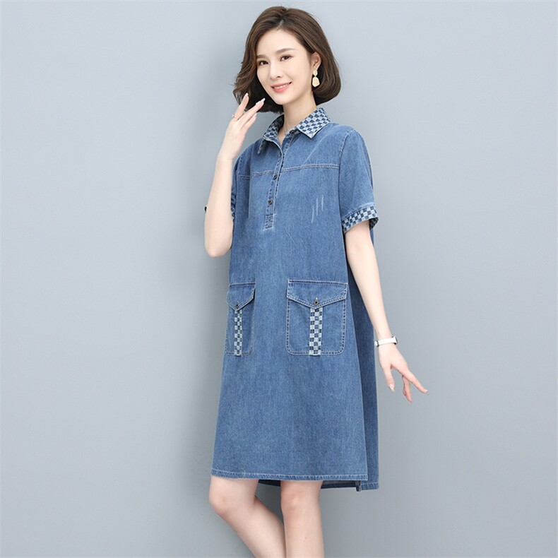 2023夏季新款时尚气质翻领显瘦休闲舒适撞色牛仔连衣裙,女装连衣裙,独衣靓