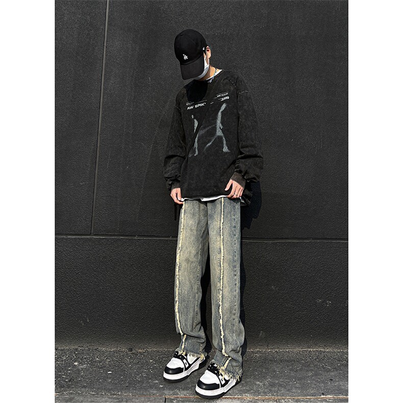 美式ins高街hiphop重工艺水洗毛边牛仔裤货号K712P65,男装牛仔裤,电商A063