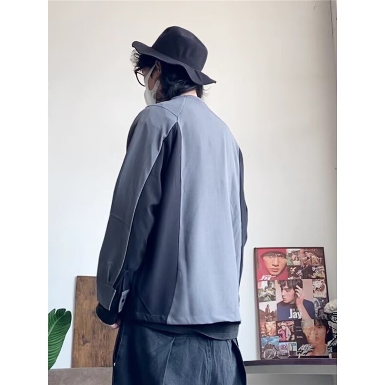韩宽松潮流拼接撞色无领V领衬衫男士长袖上衣高级垂感免烫衬衣,男装衬衫,星座506A