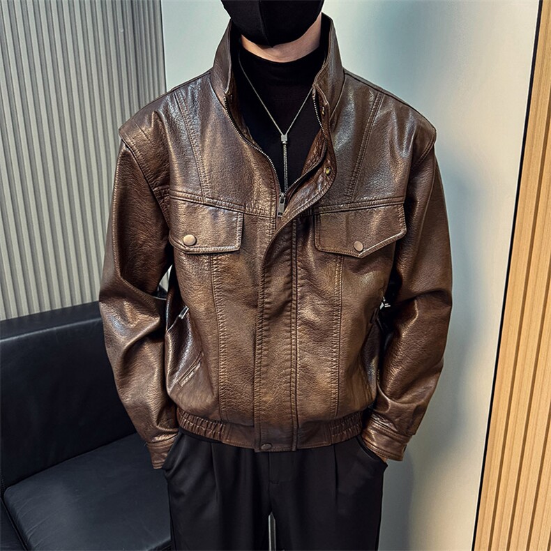 秋冬季男士立领中短款韩版潮流时尚皮衣皮夹克男 A368-J017-P158图片