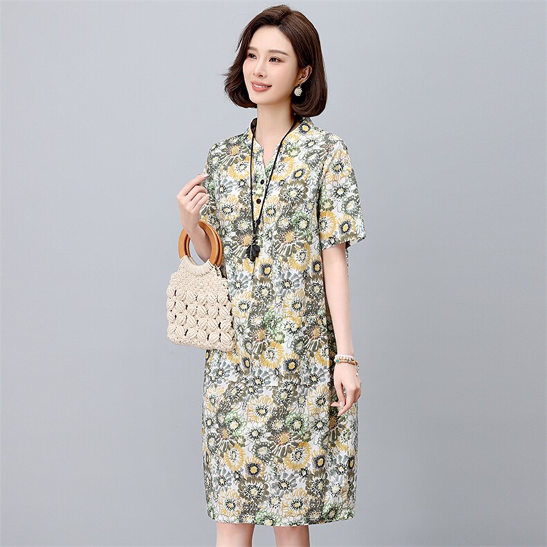 碎花连衣裙2025新款夏季纯棉超火宽松显瘦直筒裙中年妈妈休闲裙子,女装连衣裙,依恋蒂丝