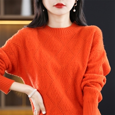 时尚百搭紫色镂空女士羊毛衫圆领长袖显瘦保暖针织毛衣，女装羊毛衫，暮绒羊羊绒