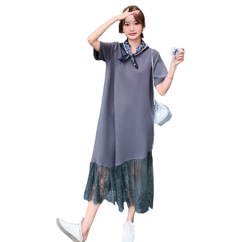 减龄气质感蕾丝拼接灰色卫衣连衣裙女夏2025新款爆款甜美超火长裙,女装连衣裙,2C272
