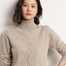 秋冬季10%羊绒90%羊毛简约休闲百搭时尚扭花高翻羊绒衫，女装羊绒衫，云暖羊山羊绒