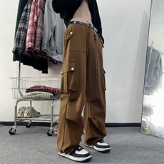 多口袋工装裤2024春美式复古阔腿裤纯棉直筒长裤男-K528-P50咖色，男装休闲裤，星座307-3(原516-1)