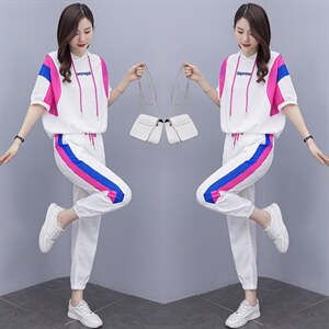 短袖时尚套装女2022夏季新款女装韩版休闲百搭撞色绣花两件套裤潮图片