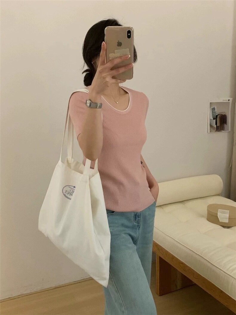 撞色设计感U领针织打底衫女夏季新款修身,针织衫/毛衣,圣旺供货