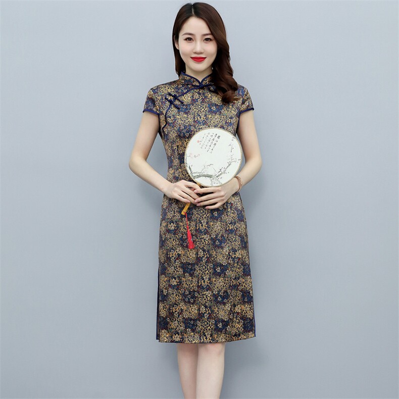 杭州丝绸弹力缎重磅真丝双层旗袍中长款气质显瘦婚礼服连衣裙,女装连衣裙,媚琳依坊