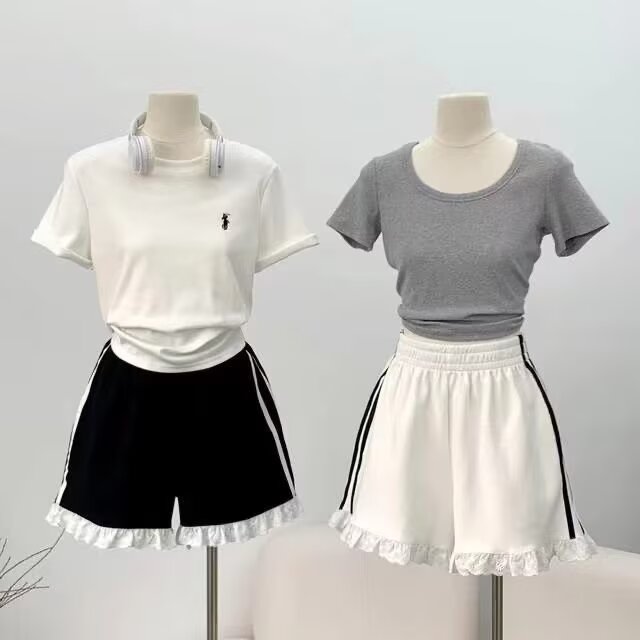 甜辣妹性感修身短裤女纯欲风减龄阔腿裤花边拼接双杠休闲百搭裤子,男装牛仔裤,星座1210-1