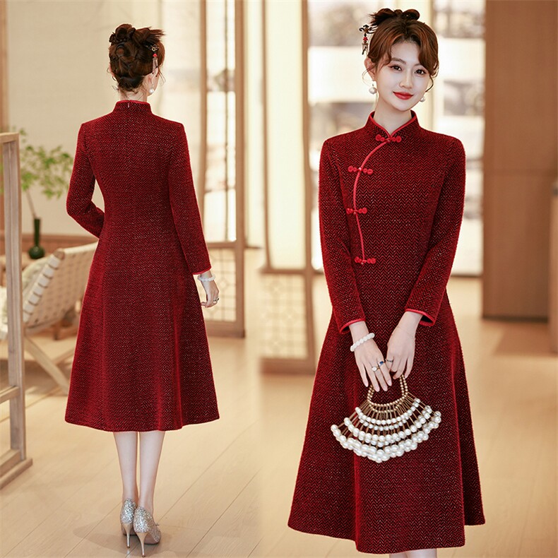 新中式风立领加厚针织改良版宴会礼服旗袍827P155,女装汉服/婚纱/旗袍/礼服,乐衣轩