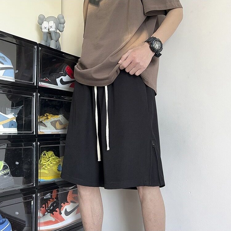 纯黑色休闲短裤男士夏季潮牌侧拉链裤子痞帅高级感潮牌潮流五分裤,男装休闲裤,星座506A