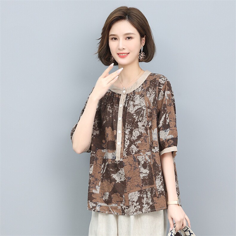 短袖上衣女夏2022新款圆领宽松显瘦印花T恤洋气小衫,女装衬衫,涵誉