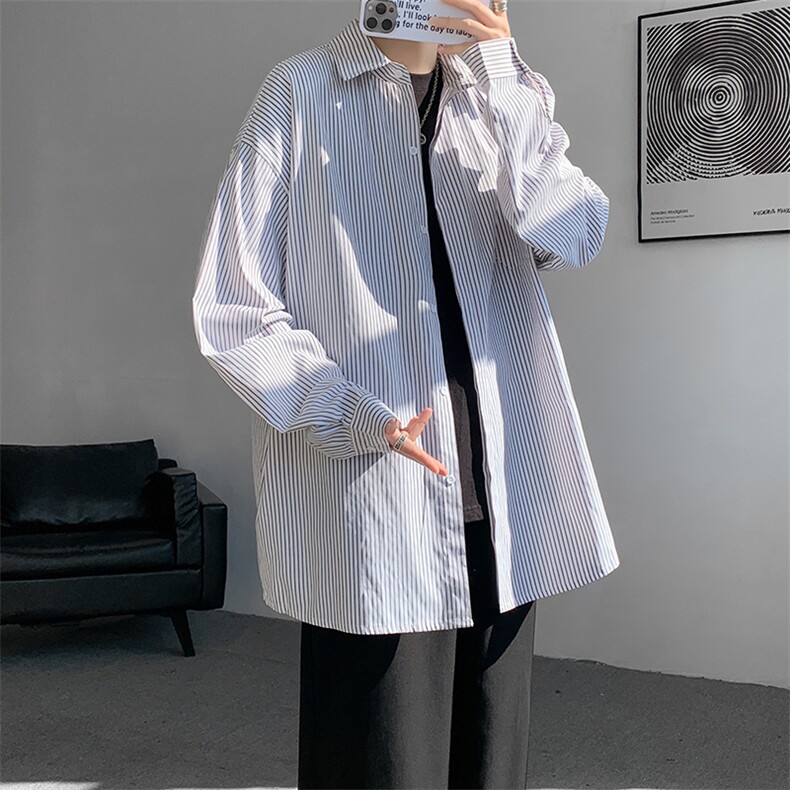 春夏条纹衬衫男长袖薄款痞帅高级感宽松慵懒风大码衬衣CS29003P45,男装衬衫,电商B312