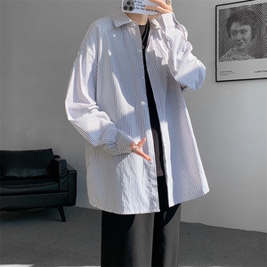 春夏条纹衬衫男长袖薄款痞帅高级感宽松慵懒风大码衬衣CS29003P45图片