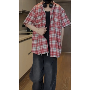 美式复古格子短袖衬衫夏男女宽松潮流小众休闲半袖衬衣CSD03 P35图片